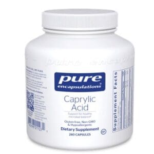 A bottle of caprylic acid is shown.