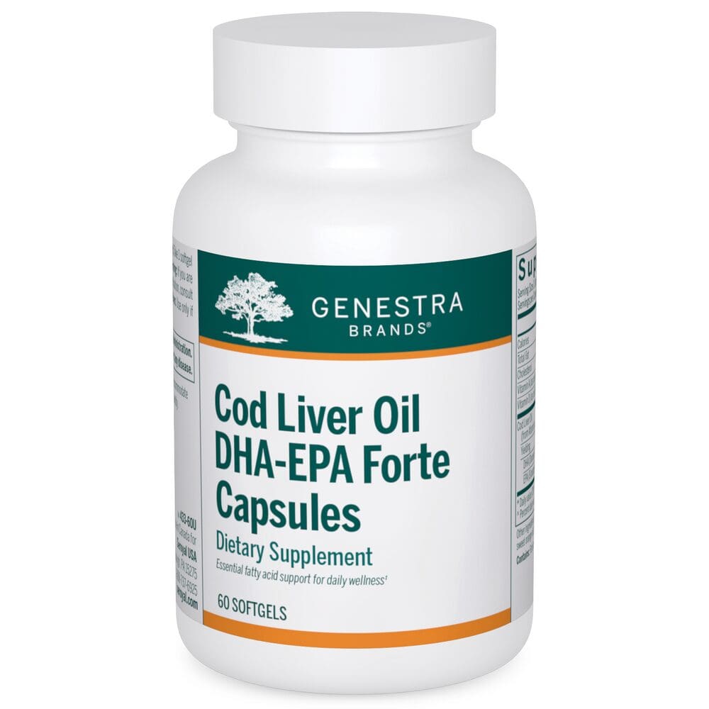 Bottle of Cod Liver Oil DHA-EPA Forte Capsules dietary supplement.
